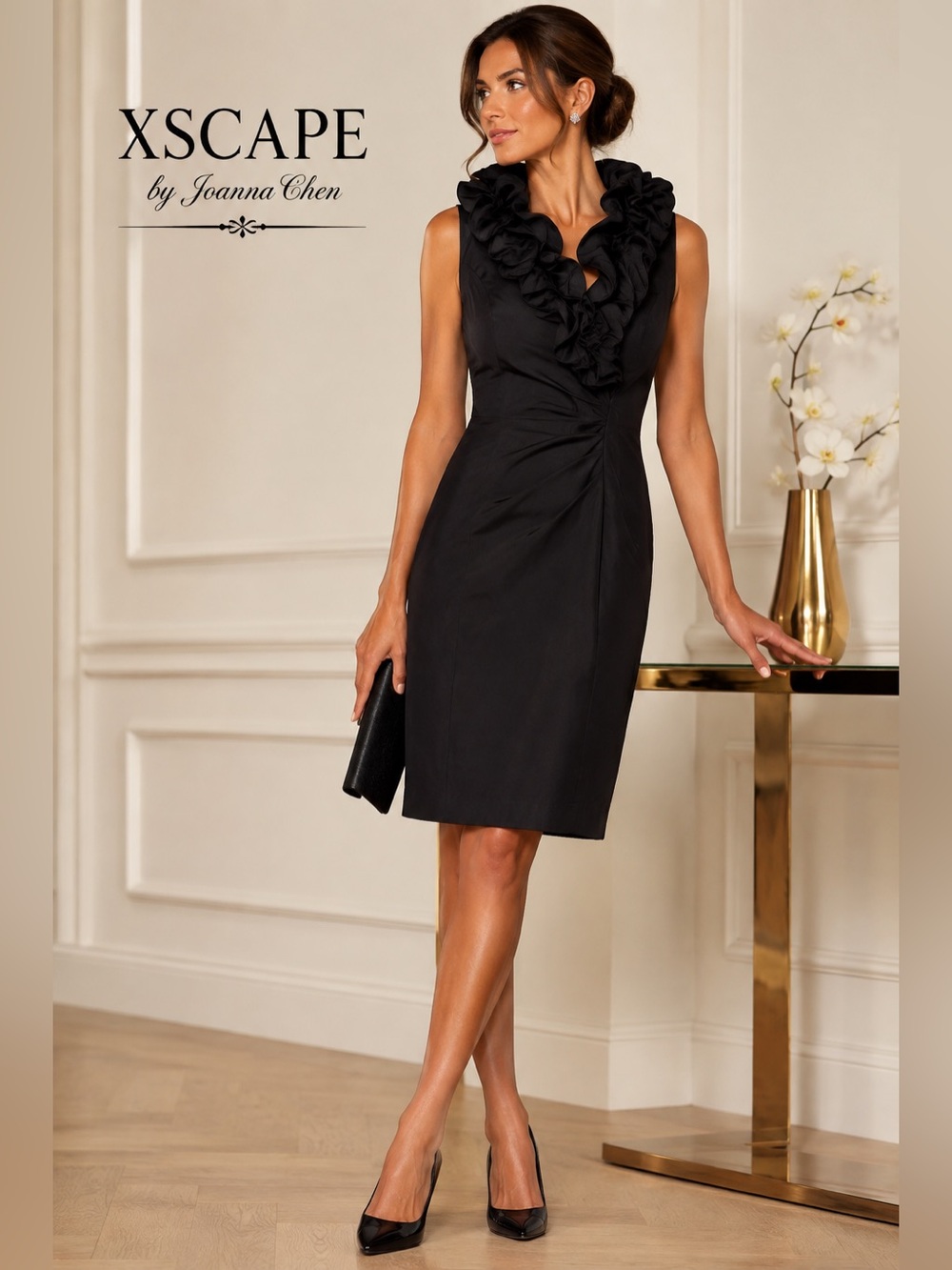 Xscape Joanna Chen Black Ruffle Cocktail Sheath Dress size 4 Taffeta Ruched A6